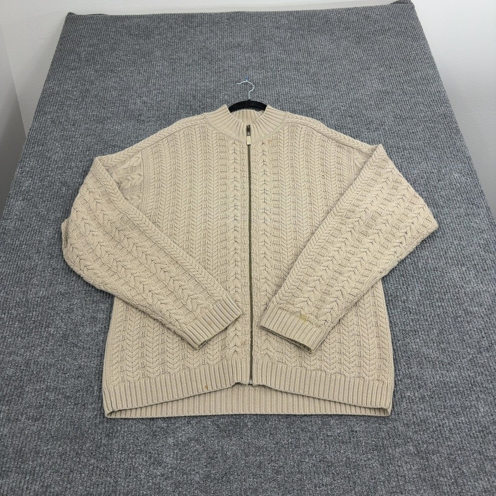 Sean John Sweater Mens XXL Beige Merino Wool Full Zip Cable Knit Streetwear